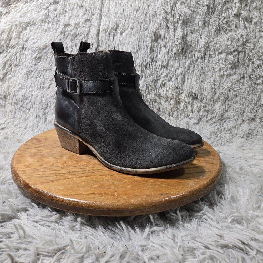 Roan Grey Suede Ankle Boots Womens Size 8.5 Grey Suede Open Heel Buckle Booties